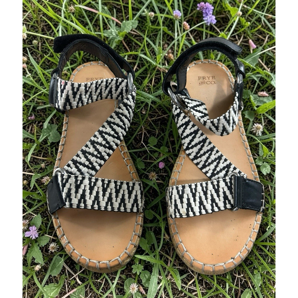 Frye & Co. Kole Asymmetrical Sandals Sz 7 M Black White Straps Espadrille Shoes - Picture 2 of 11